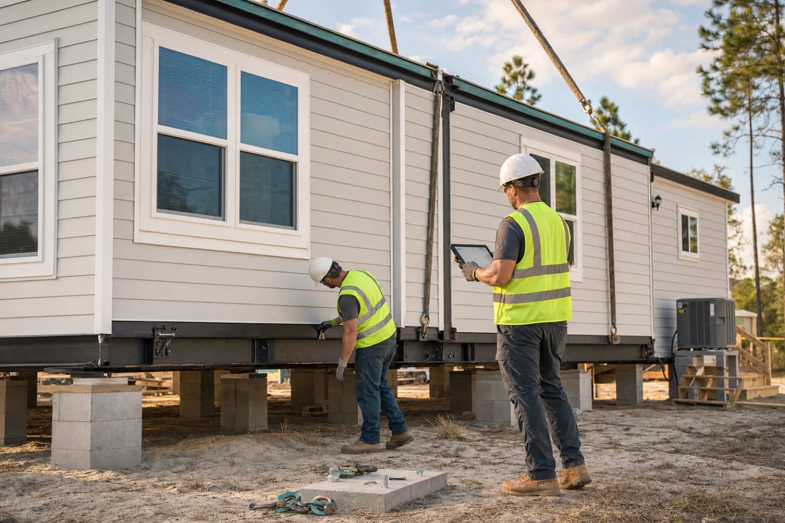 Installation crew setting a double-wide manufactured home